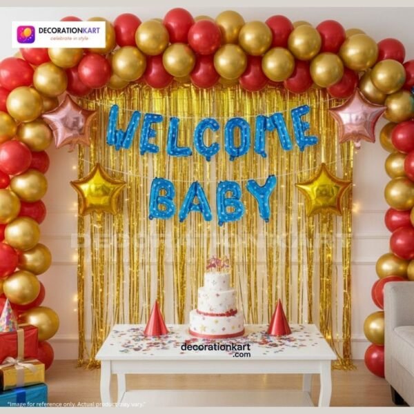 Welcome baby party setup with DECORATIONkart’s 64 pcs decoration kit featuring a blue dotted foil “Welcome Baby” banner, golden fringe curtains, metallic balloons in golden, yellow, and red, multicolor star foils, and DIY accessories.