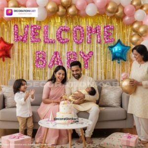 Welcome baby party setup with DECORATIONkart’s 64 pcs decoration kit featuring a pink dotted foil “Welcome Baby” banner, golden fringe curtains, metallic balloons in golden, pink, and white, multicolor star foils, and DIY accessories.