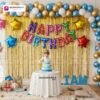 Indian children celebrating a birthday party with DECORATIONkart’s 66 pcs decoration combo set, featuring a multicolor foil “Happy Birthday” banner, golden fringe curtains, metallic balloons in gold, blue, and white, colorful star foil balloons, and DIY accessories.