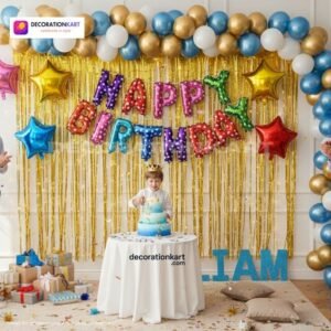 Indian children celebrating a birthday party with DECORATIONkart’s 66 pcs decoration combo set, featuring a multicolor foil “Happy Birthday” banner, golden fringe curtains, metallic balloons in gold, blue, and white, colorful star foil balloons, and DIY accessories.