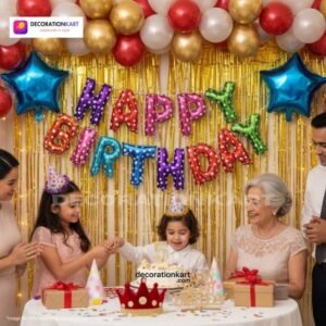 Indian children celebrating a birthday party with DECORATIONkart’s 66 pcs decoration combo set, featuring a multicolor foil “Happy Birthday” banner, golden fringe curtains, metallic balloons in gold, red, and white, colorful star foil balloons, and DIY accessories.