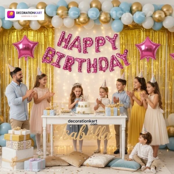 Indian children celebrating a birthday party with DECORATIONkart’s 66 pcs decoration combo set, featuring a pink foil “Happy Birthday” banner, golden fringe curtains, metallic balloons in gold, blue, and white, multicolor star foil balloons, and DIY accessories.