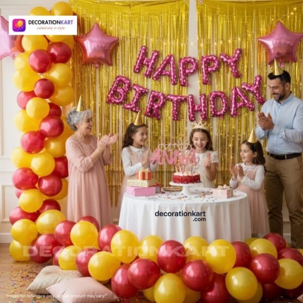 Indian children celebrating a birthday party with DECORATIONkart’s 66 pcs decoration combo set, featuring a pink foil “Happy Birthday” banner, golden fringe curtains, metallic balloons in gold, yellow, and red, pink star foil balloons, and DIY accessories.