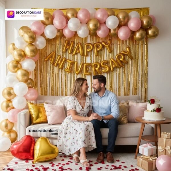 Anniversary party setup with DECORATIONkart’s 69 pcs decoration kit featuring a golden foil “Happy Anniversary” banner, golden fringe curtains, metallic balloons in golden, pink, and white, golden and red heart foils, and DIY accessories.