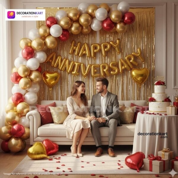 Anniversary party setup with DECORATIONkart’s 69 pcs decoration kit featuring a golden foil “Happy Anniversary” banner, golden fringe curtains, metallic balloons in golden, red, and white, golden and red heart foils, and DIY accessories.