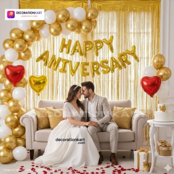 Alt Text: Anniversary party setup with DECORATIONkart’s 69 pcs decoration kit featuring a golden foil “Happy Anniversary” banner, golden fringe curtains, metallic balloons in golden, yellow, and white, golden and red heart foils, and DIY accessories.