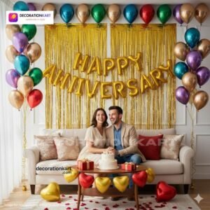 Anniversary party setup with DECORATIONkart’s 69 pcs decoration kit featuring a golden foil “Happy Anniversary” banner, golden fringe curtains, multicolor metallic balloons, golden and red heart foils, and DIY accessories.