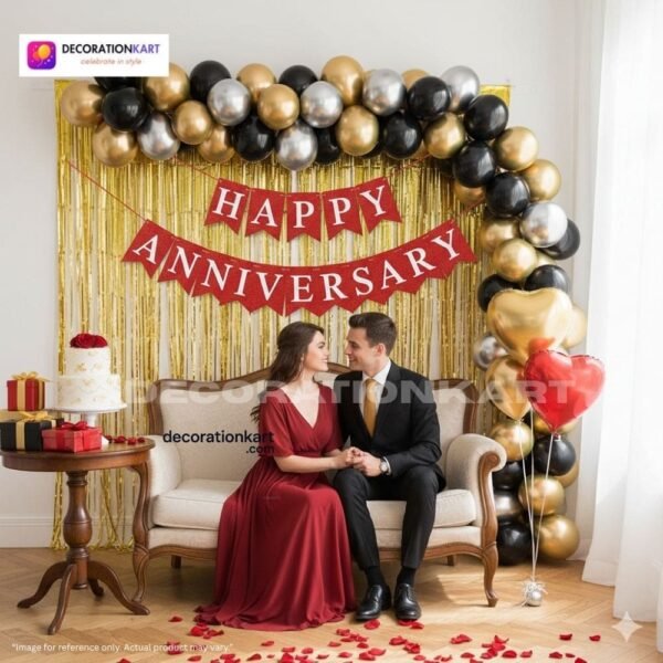 Anniversary party setup with DECORATIONkart’s 69 pcs decoration kit featuring a red cardstock “Happy Anniversary” banner, golden fringe curtains, metallic balloons in golden, black, and silver, golden and red heart foils, and DIY accessories.