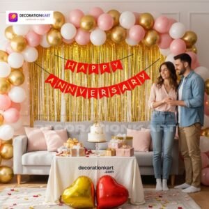 Anniversary party setup with DECORATIONkart’s 69 pcs decoration kit featuring a red cardstock “Happy Anniversary” banner, golden fringe curtains, metallic balloons in golden, pink, and white, golden and red heart foils, and DIY accessories.
