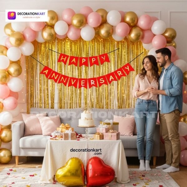 Anniversary party setup with DECORATIONkart’s 69 pcs decoration kit featuring a red cardstock “Happy Anniversary” banner, golden fringe curtains, metallic balloons in golden, pink, and white, golden and red heart foils, and DIY accessories.