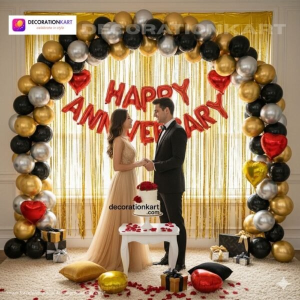 Anniversary party setup with DECORATIONkart’s 69 pcs decoration kit featuring a red foil “Happy Anniversary” banner, golden fringe curtains, metallic balloons in golden, black, and silver, golden and red heart foils, and DIY accessories.