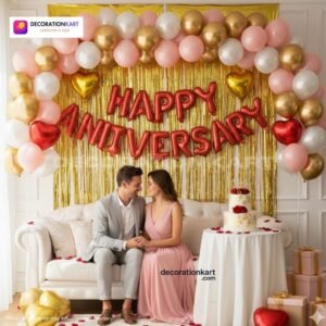Anniversary party setup with DECORATIONkart’s 69 pcs decoration kit featuring a red foil “Happy Anniversary” banner, golden fringe curtains, metallic balloons in golden, pink, and white, golden and red heart foils, and DIY accessories.