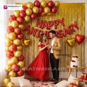 Anniversary party setup with DECORATIONkart’s 69 pcs decoration kit featuring a red foil “Happy Anniversary” banner, golden fringe curtains, metallic balloons in golden, red, and yellow, golden and red heart foils, and DIY accessories.