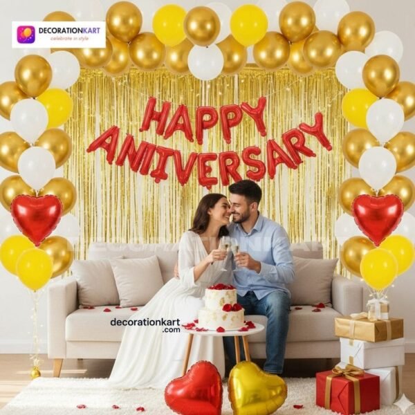 Anniversary party setup with DECORATIONkart’s 69 pcs decoration kit featuring a red foil “Happy Anniversary” banner, golden fringe curtains, metallic balloons in golden, white, and yellow, golden and red heart foils, and DIY accessories.