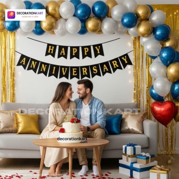 Anniversary party setup with DECORATIONkart’s 69 pcs decoration kit featuring a black cardstock “Happy Anniversary” banner, golden fringe curtains, metallic balloons in golden, blue, and white, golden and red heart foils, and DIY accessories.