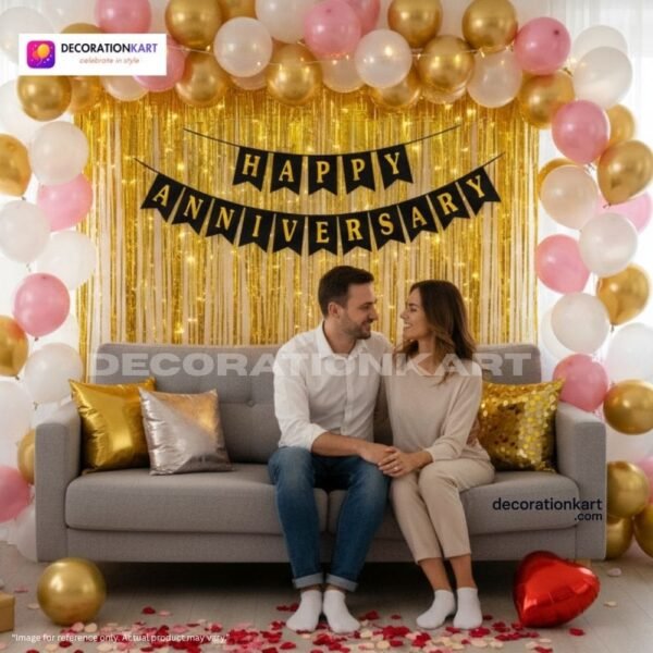 Anniversary party setup with DECORATIONkart’s 69 pcs decoration kit featuring a black cardstock “Happy Anniversary” banner, golden fringe curtains, metallic balloons in golden, pink, and white, golden and red heart foils, and DIY accessories.