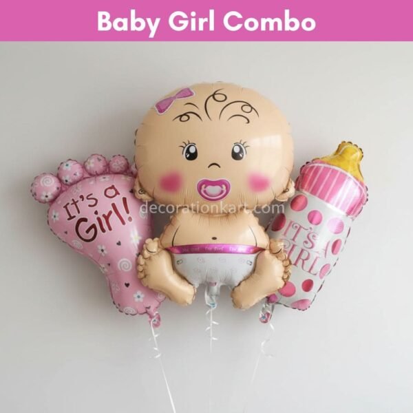 “Baby girl-themed foil balloon combo featuring feet, bottle, and girl-shaped balloons for baby shower decoration”