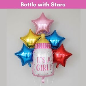 “It’s a Girl baby bottle foil balloon with colorful stars for baby shower and welcome baby girl decoration”