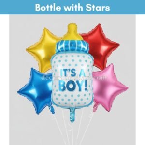 “Baby boy-themed foil balloon combo with colorful stars and bottle balloon for baby shower decoration”