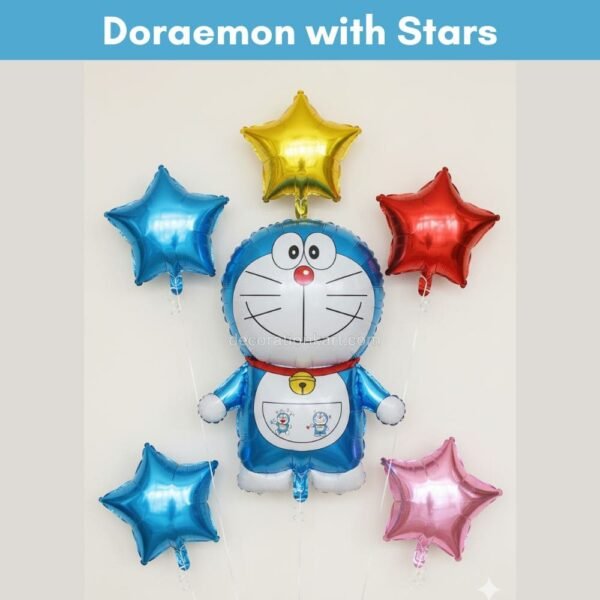“Doraemon cartoon foil balloon with colorful stars for kids birthday party decoration”