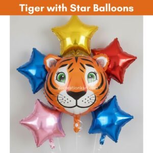 “Tiger foil balloon combo with colorful stars for jungle theme kids birthday party decoration”