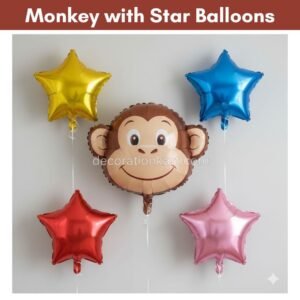 "Colorful jungle-themed monkey and star-shaped foil balloons for kids' birthday party decoration"