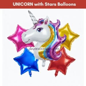 “Unicorn foil balloon combo with colorful stars for magical kids birthday party decoration”